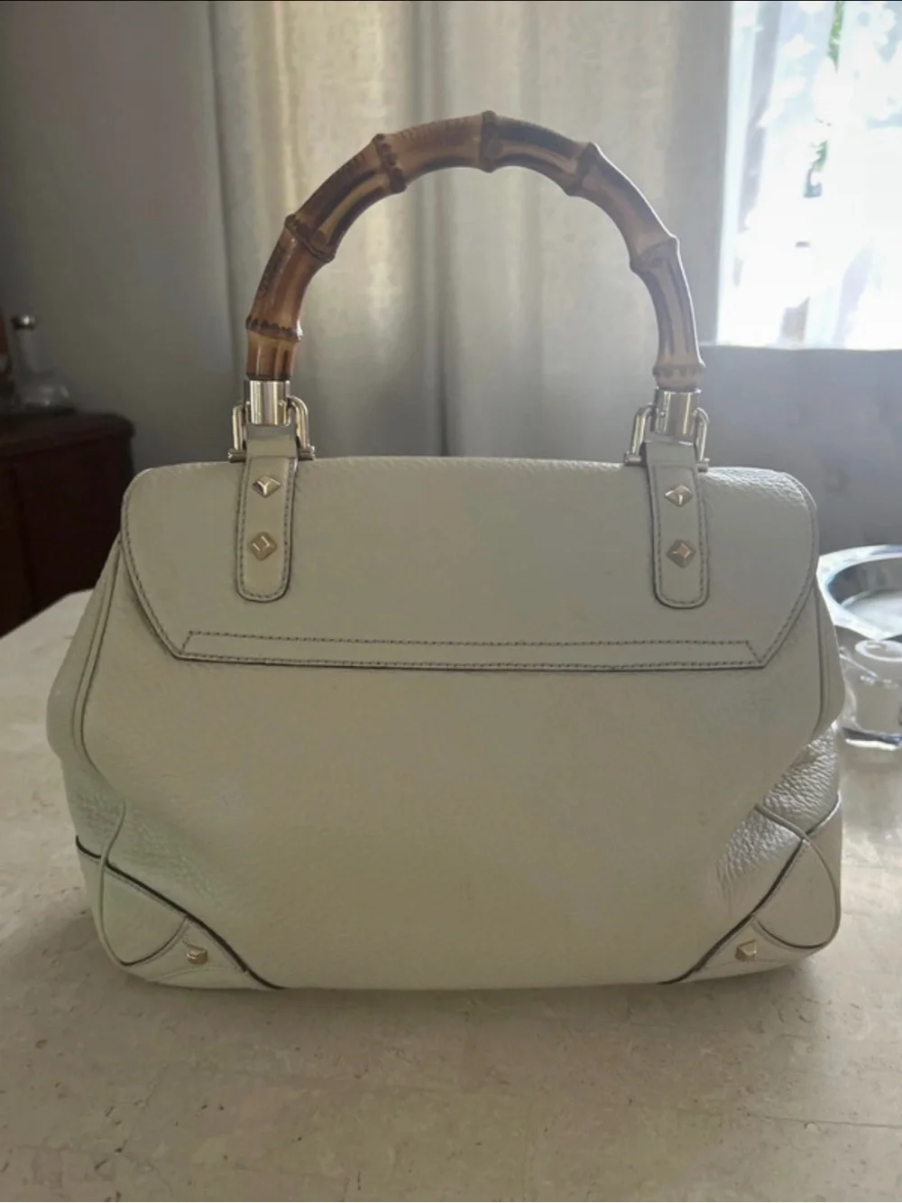 Gucci Cream Leather Satchel with Bamboo Top Handle
